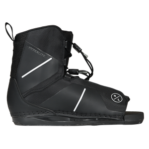 Side view of the black Remix Kids Binding with white stripe accents, lace-lock toggles, and an open toe.