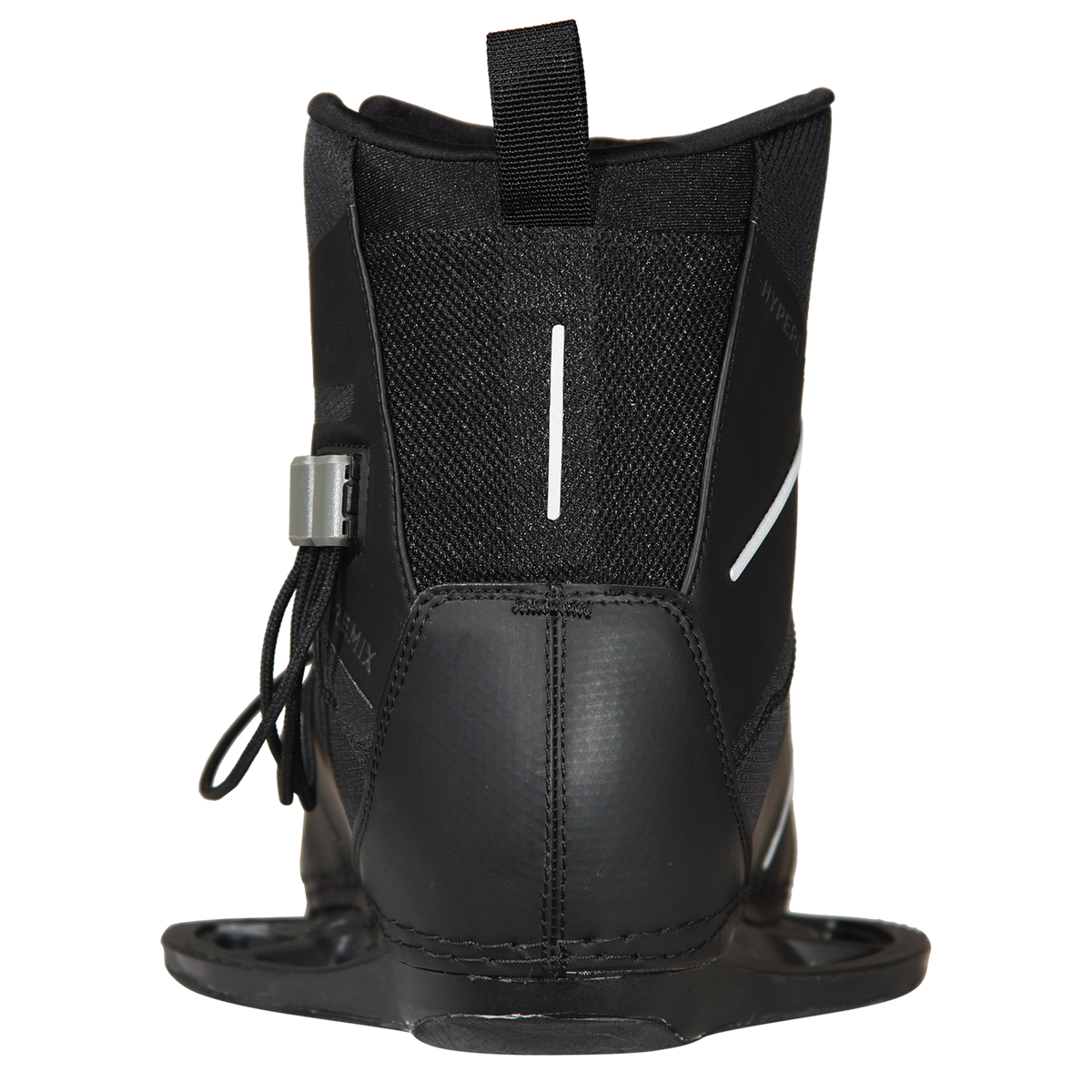 Back view of the black Remix Kids Binding with a mesh heel panel, white stripe, and a pull tab.