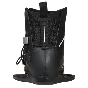 Back view of the black Remix Kids Binding with a mesh heel panel, white stripe, and a pull tab.