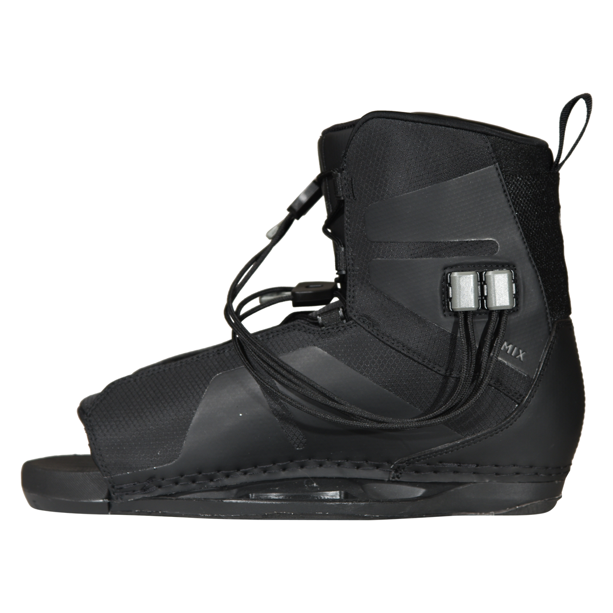 Side view of the black Remix Kids Binding facing left, with dual lace locks, a pull loop, and an open toe.