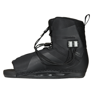 Side view of the black Remix Kids Binding facing left, with dual lace locks, a pull loop, and an open toe.