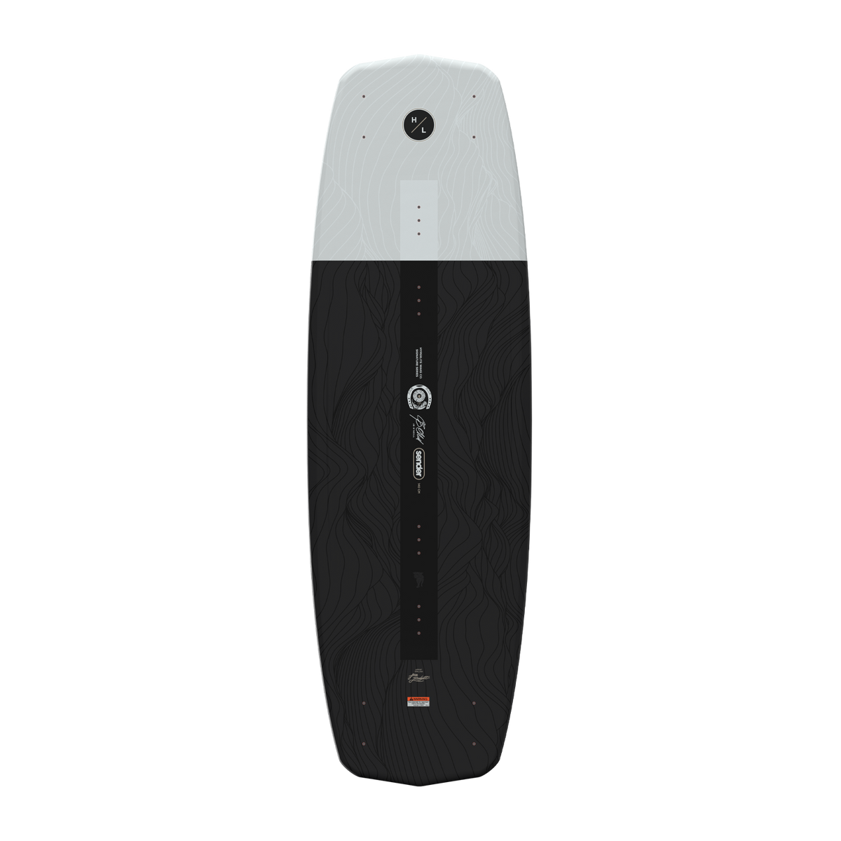 Top view of white and black Sender wakeboard with topographic line pattern.