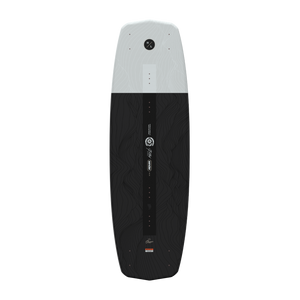 Top view of white and black Sender wakeboard with topographic line pattern.