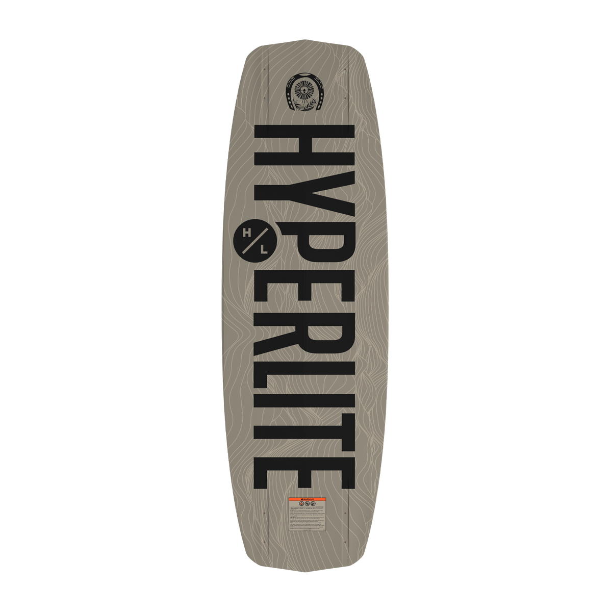 Bottom view of tan Sender wakeboard with large black Hyperlite logo and topographic lines.