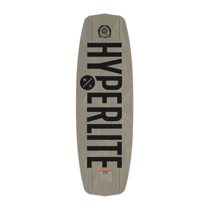 Bottom view of tan Sender wakeboard with large black Hyperlite logo and topographic lines.