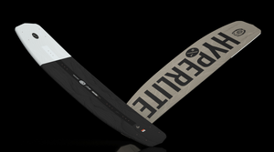 Angled view of white, black, and tan Sender wakeboard showing both sides.