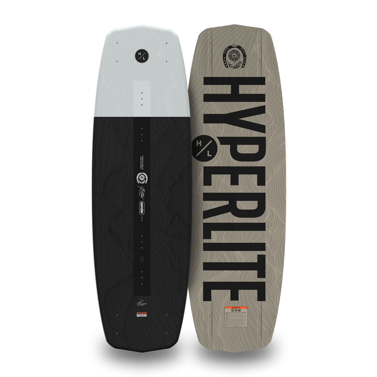 Top and bottom views of white, black, and tan Sender wakeboard with topographic line pattern.