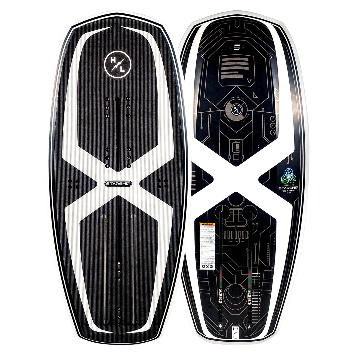 Top and bottom view of Starship foil board in black and white with an X graphic, circuit print and Starship logo.