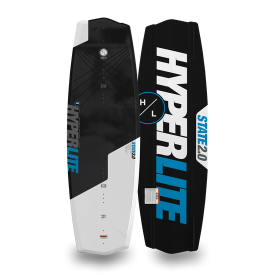 Top and bottom views of black, white, and blue State 2.0 wakeboard with bold logo lettering.