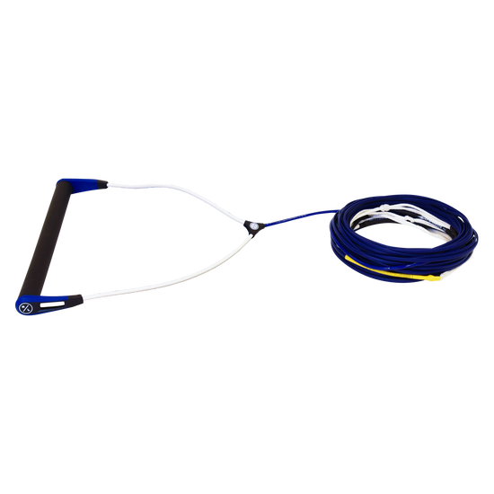 Side view of Team Rope Package with a black grip, royal blue end caps, white V-bridle and coiled blue line.