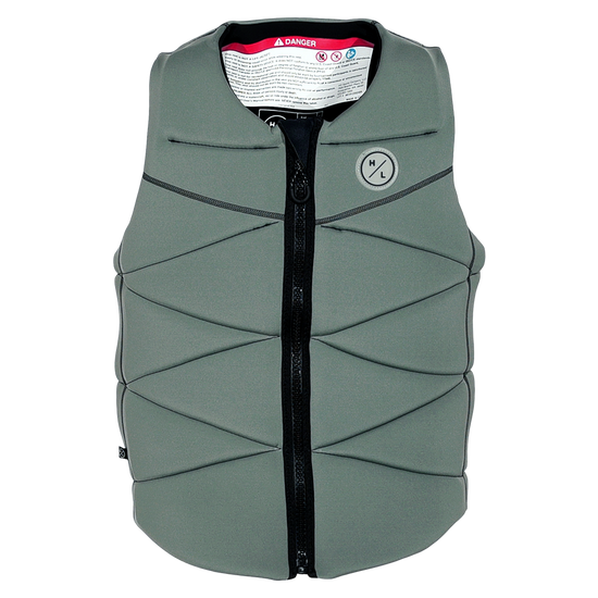 Front view of Vert Jacket in sage gray with chevron-stitched panels, black zipper and round Hyperlite patch.