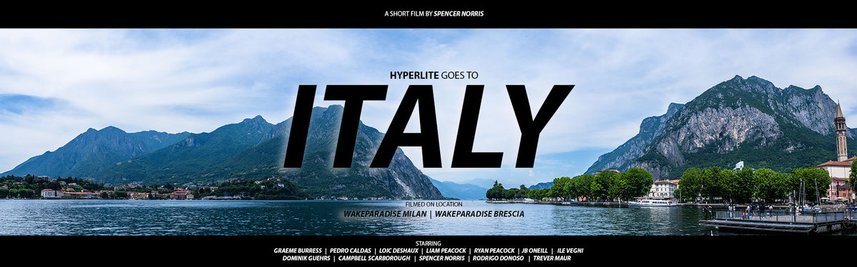 Promotional graphic for 'Hyperlite Goes to Italy' with scenic mountains and water.