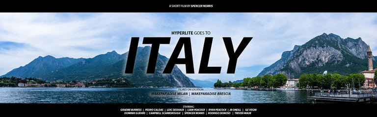 Promotional graphic for 'Hyperlite Goes to Italy' with scenic mountains and water.