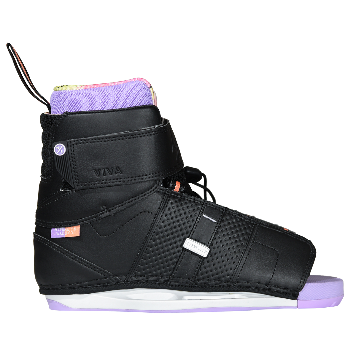 Side view of the black Viva Binding with an ankle strap, perforated panels, and a lavender open toe.