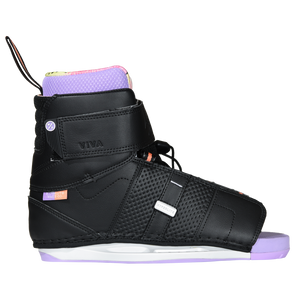 Side view of the black Viva Binding with an ankle strap, perforated panels, and a lavender open toe.