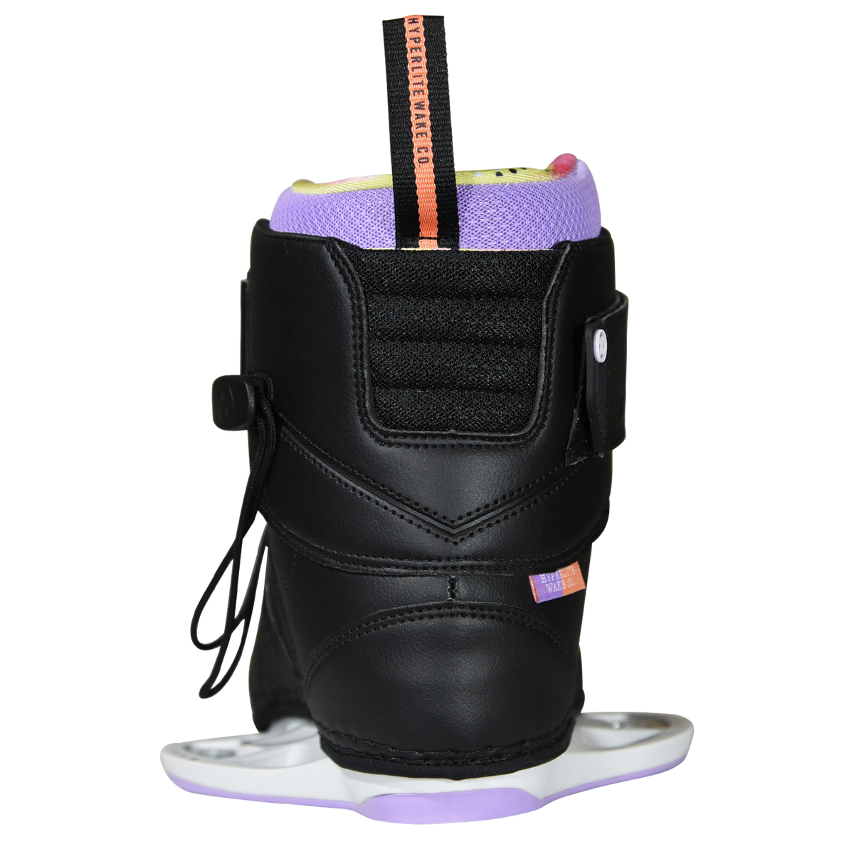 Back view of the black Viva Binding with a coral-striped pull tab, mesh heel panel, and a lavender base.