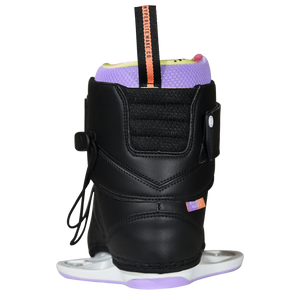 Back view of the black Viva Binding with a coral-striped pull tab, mesh heel panel, and a lavender base.