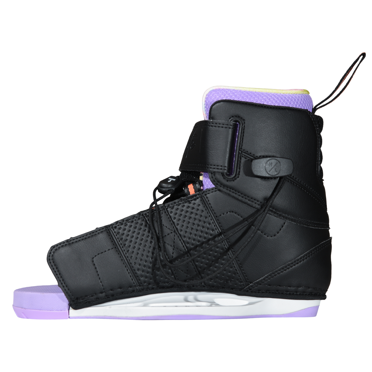 Side view of the black Viva Binding facing left, with cord laces, an ankle strap, and a lavender footbed.