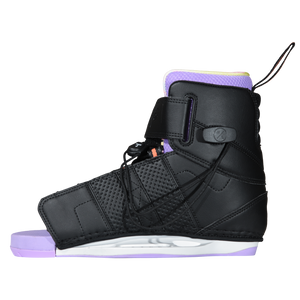 Side view of the black Viva Binding facing left, with cord laces, an ankle strap, and a lavender footbed.
