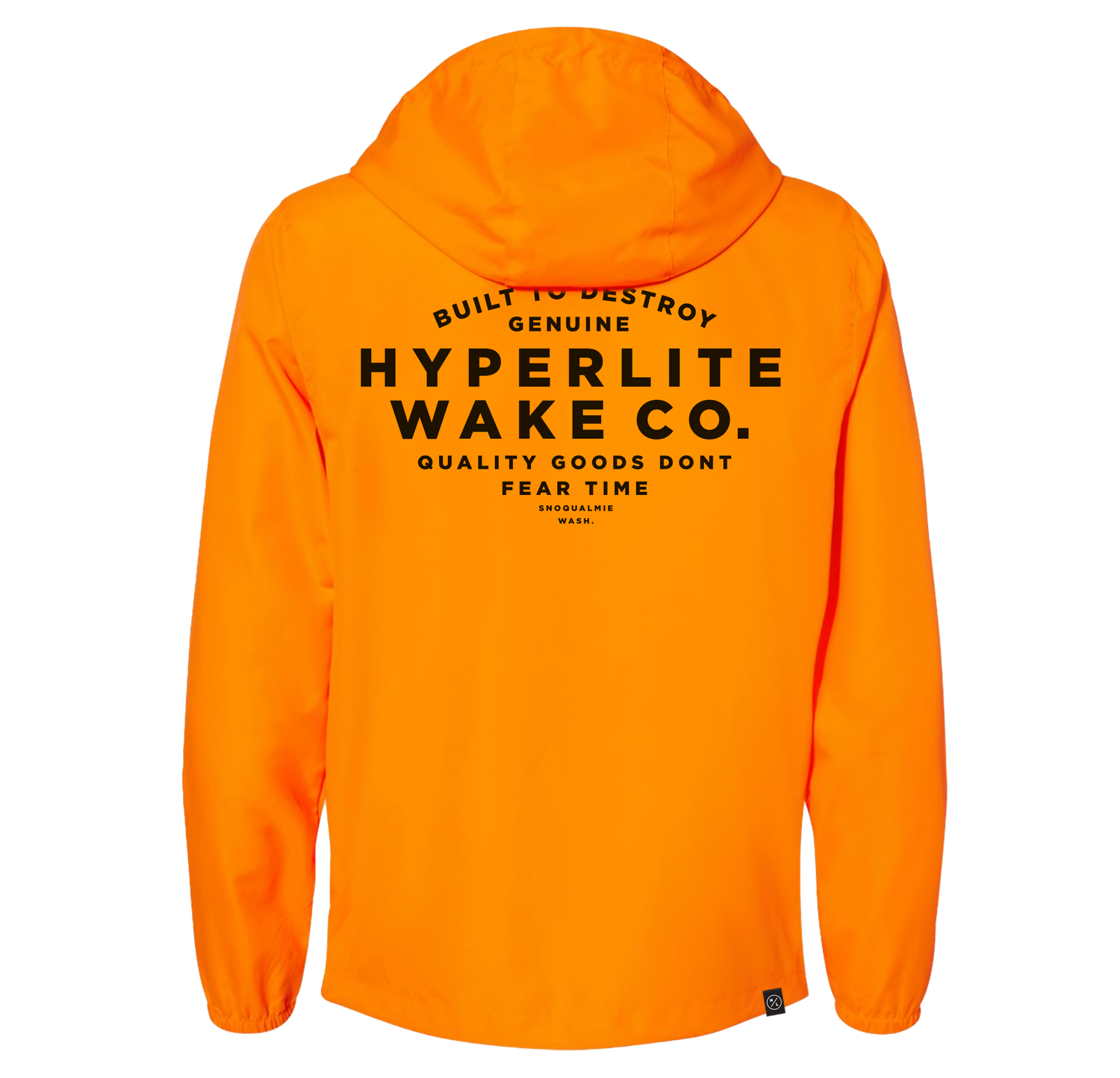 Orange Breaker Windbreaker Jacket, waterproof with hood and black text.
