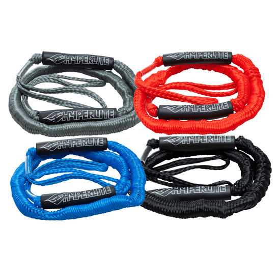 Four Bungee Dock Tie ropes in gray, red, blue, and black with Hyperlite handles.