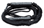 Black Bungee Dock Tie with coiled rope for docking.
