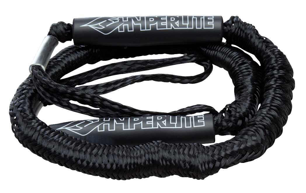 Black Bungee Dock Tie with coiled rope for docking.