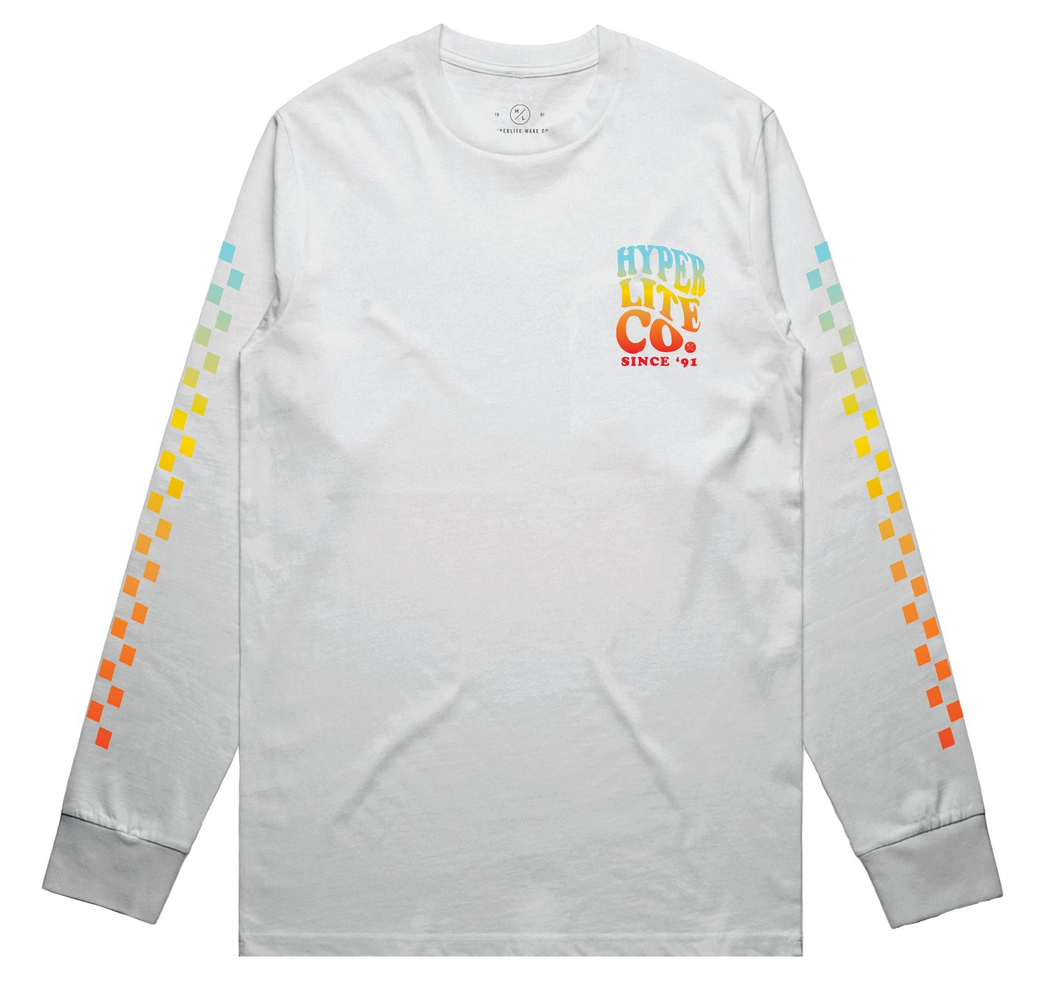 Chiller LS Tee - White with pixel gradient sleeves; HYPER LITE CO. SINCE 92 text.