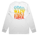 White Chiller LS Tee: Good Wake Vibes Since 91 in colorful letters on the back.