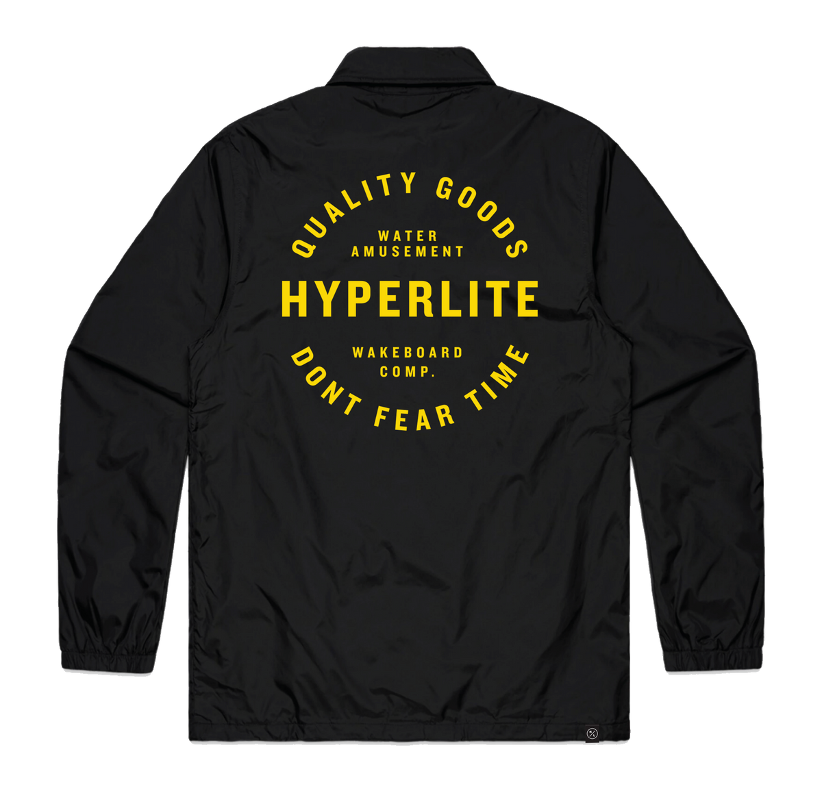 Factory Coach Jacket: black nylon with yellow Hyperlite patches, Quality Goods & Dont Fear Time.