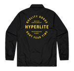 Factory Coach Jacket: black nylon with yellow Hyperlite patches, Quality Goods & Dont Fear Time.