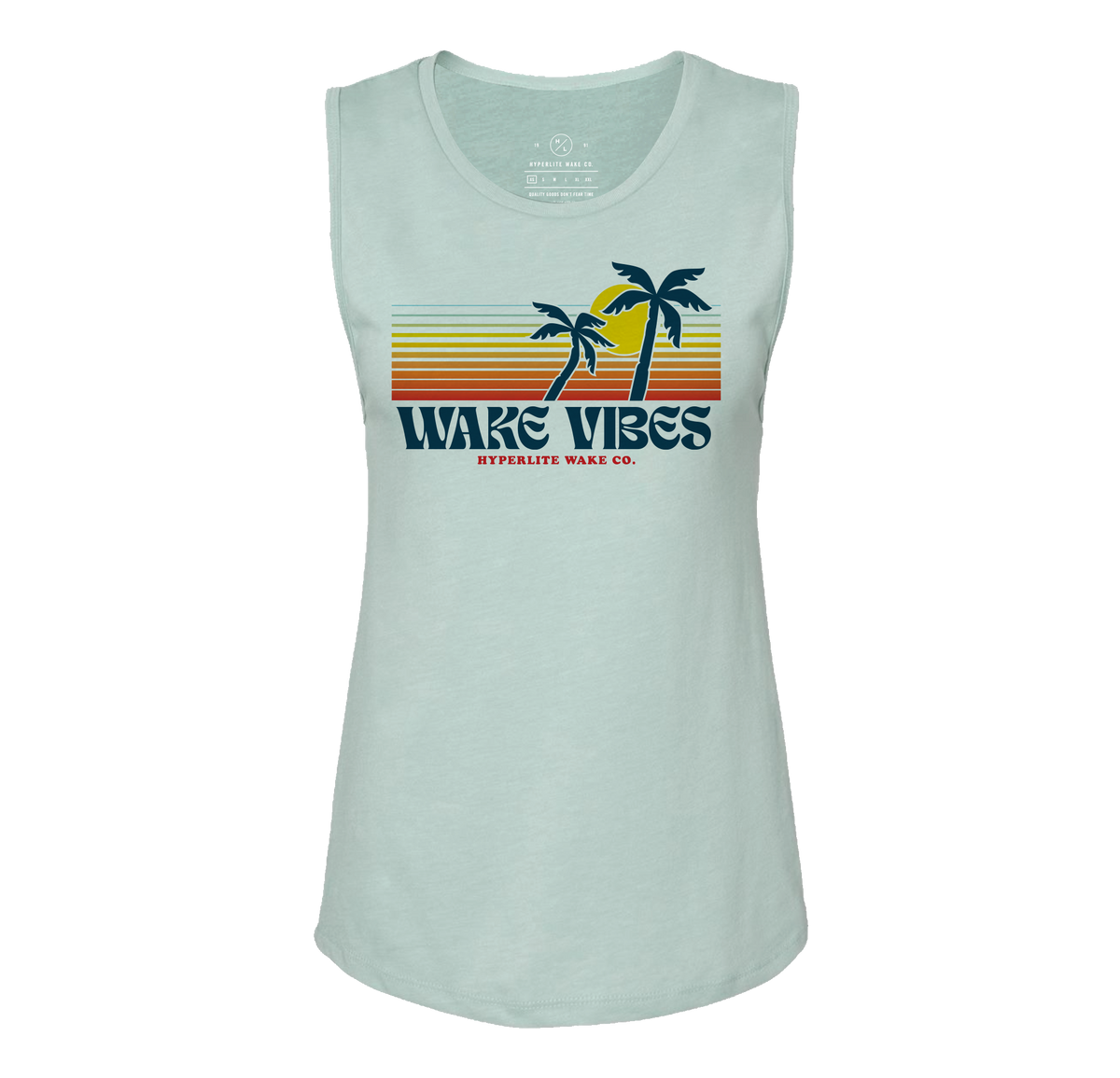 Coastal Tank with Wake Vibes and palm trees on retro stripes.