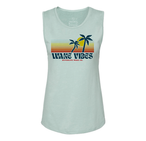 Coastal Tank with Wake Vibes and palm trees on retro stripes.