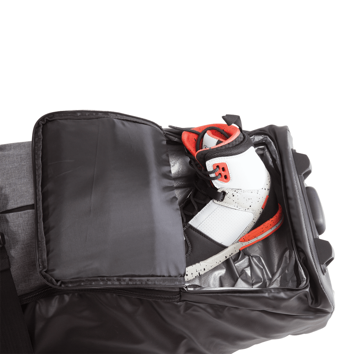 Sneaker in a partially open Wheelie Board Bag compartment against sleek black.