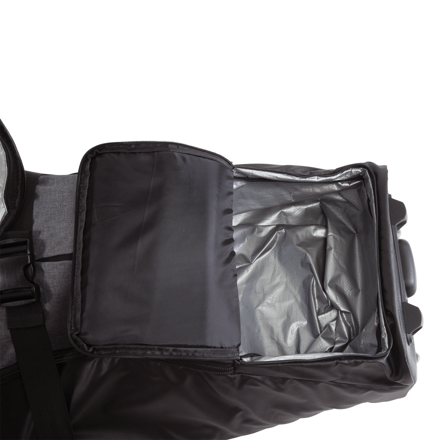 Wheelie Board Bag: Black and gray insulated cooler with a zippered lid.