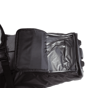 Wheelie Board Bag: Black and gray insulated cooler with a zippered lid.