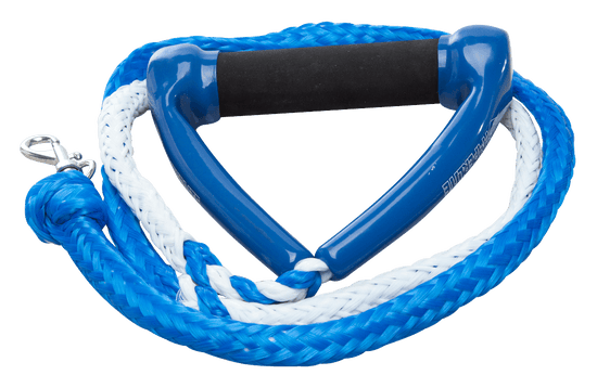 Blue and white dog leash with wake grip rope and metal clip.