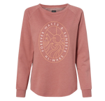 Forever Crew Peach pullover with palm tree, waves, and Forever Wakes & Sunsets text.