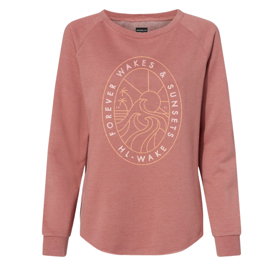Forever Crew Peach pullover with palm tree, waves, and Forever Wakes & Sunsets text.