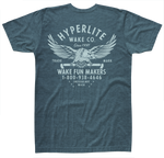 Teal tee with eagle, Hyperlite Wake Co., Trade Mark text, and retail fit.