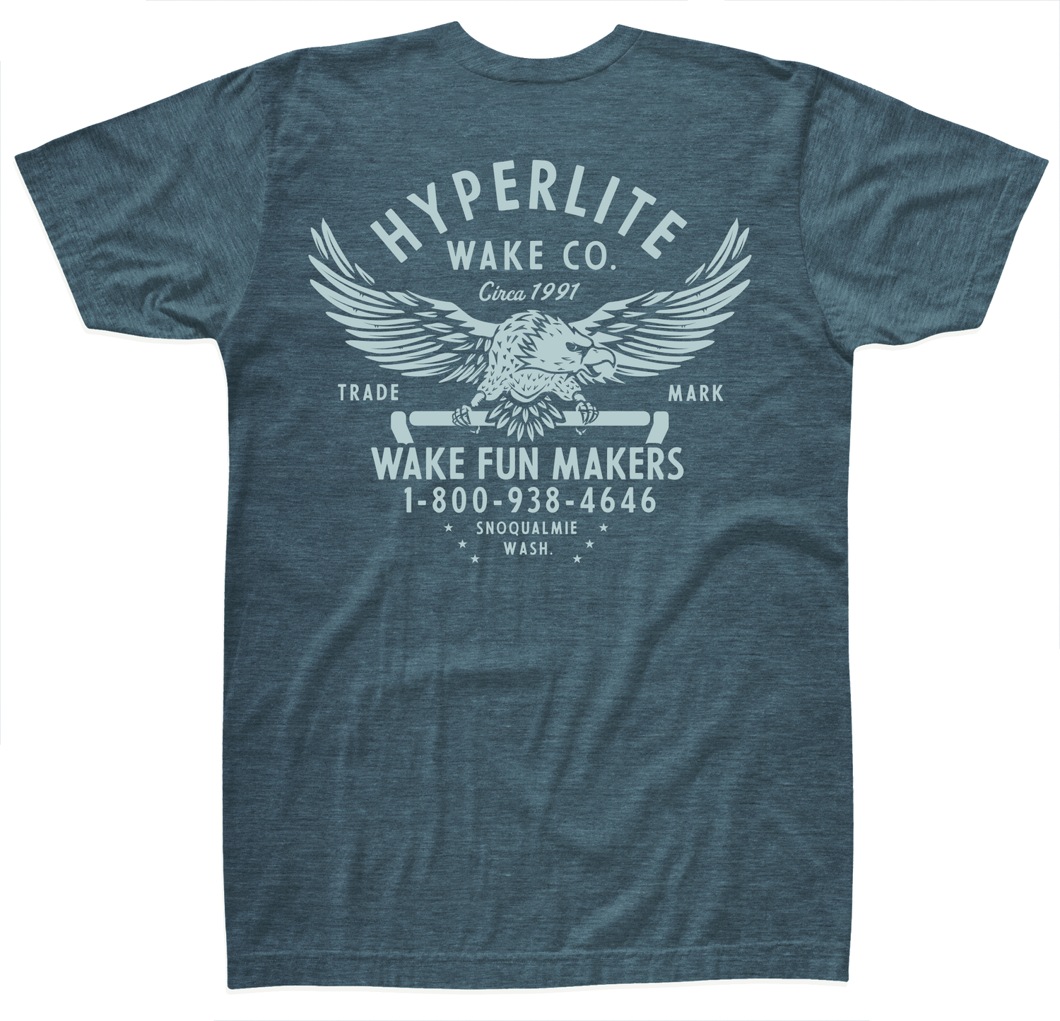 Teal tee with eagle, Hyperlite Wake Co., Trade Mark text, and retail fit.