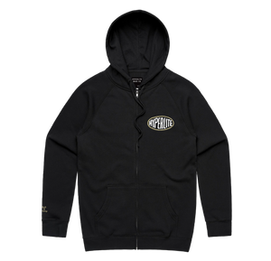The Gasser Zip Hoodie - Black features HYPERLITE on chest and anti-pill fleece.