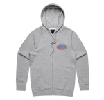 Heather Gasser Zip Hoodie with Hyperlite logo in blue & red on chest.