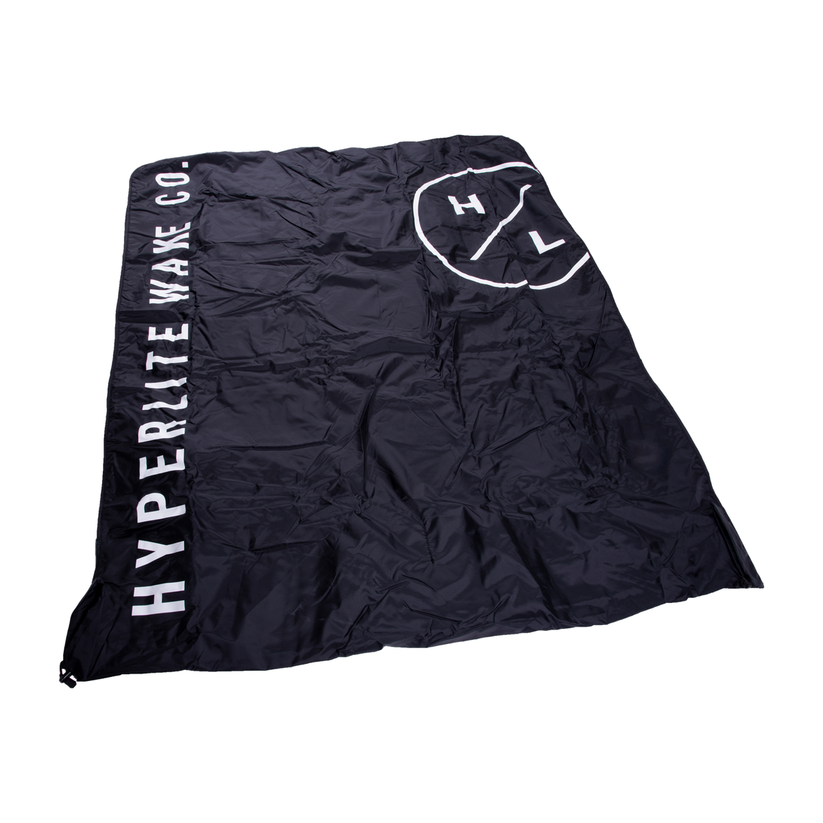 Black HYPERLITE WAKE CO. flag: Circle logo, fleece-lined boat blanket w/ heater hook up.