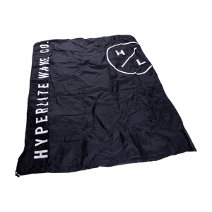 Black HYPERLITE WAKE CO. flag: Circle logo, fleece-lined boat blanket w/ heater hook up.