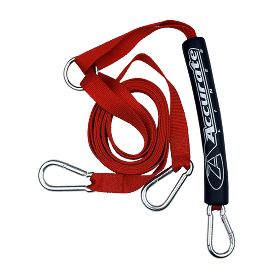 Red and black Nylon Webbing Boat Tow Harness with wakeboard connection clips.