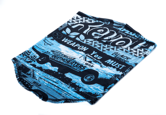 Blue and black graphic shirt with Happy RADVENT text and a vehicle illustration.
