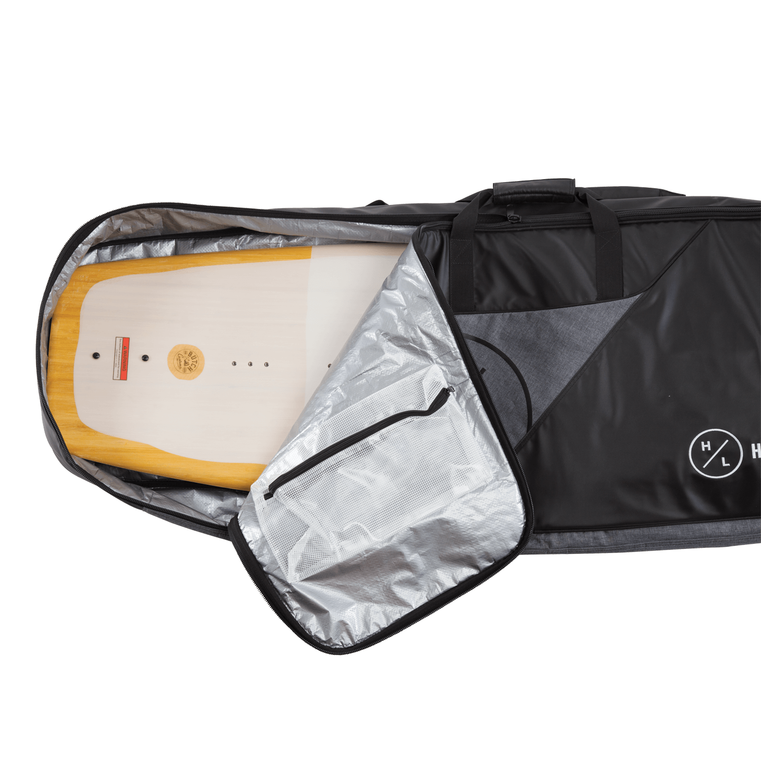 A snowboard peeks from an open Producer Board Bag with a silver lining.