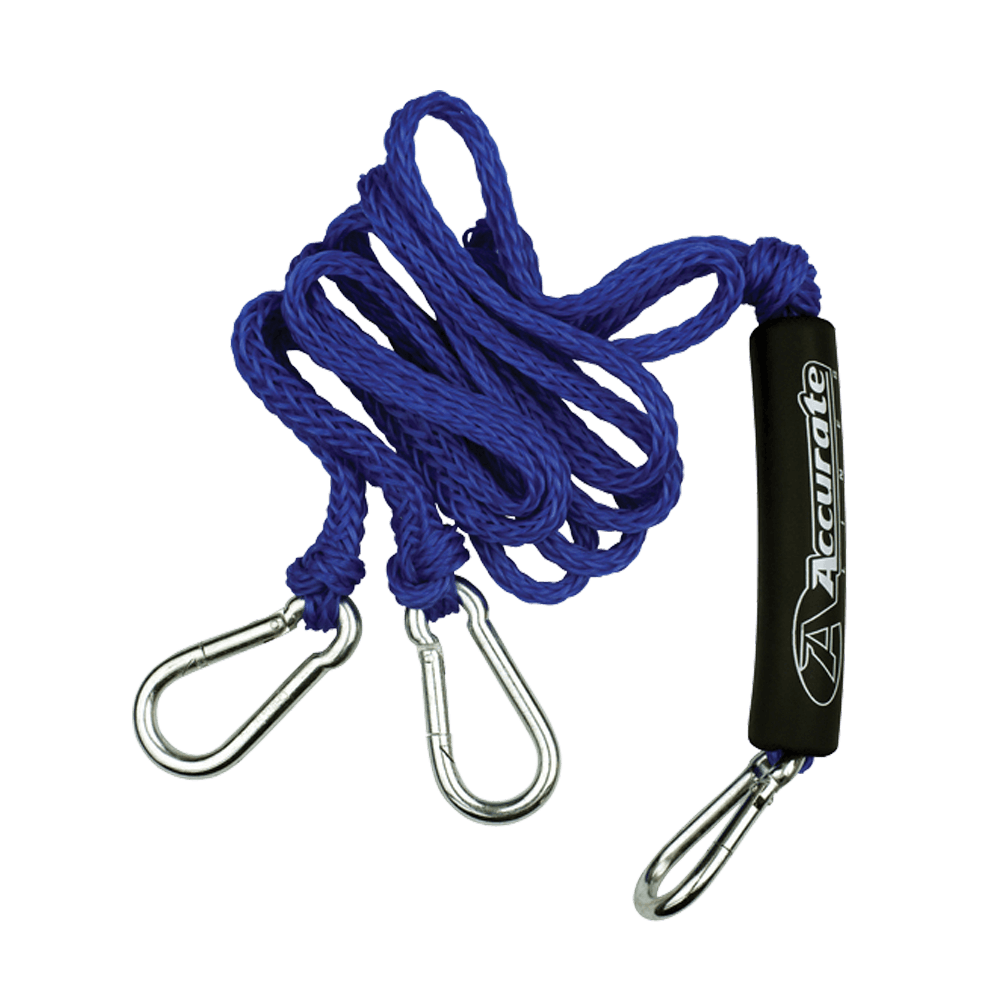 Rope Boat Tow Harness: blue rope, metal hooks, black handle, Wake Rope Connection.