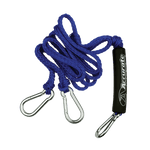 Rope Boat Tow Harness: blue rope, metal hooks, black handle, Wake Rope Connection.